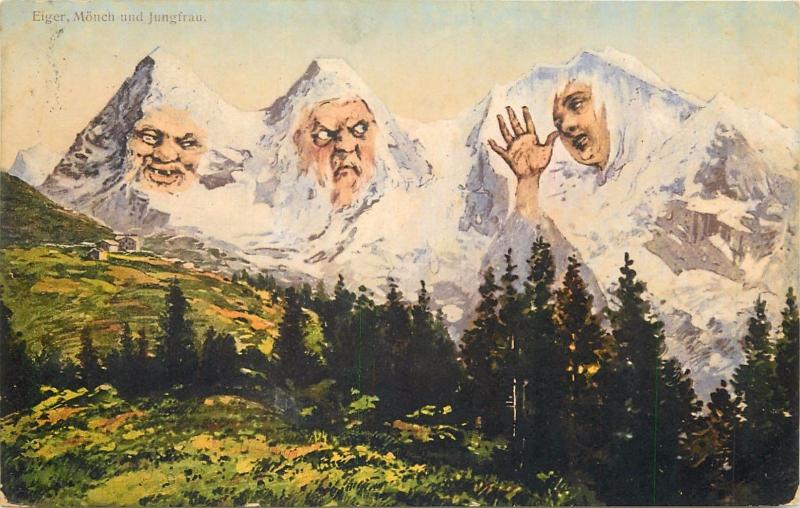 Switzerland mountains peaks caricatures surrealism fantasy Eiger Monch Jungfrau