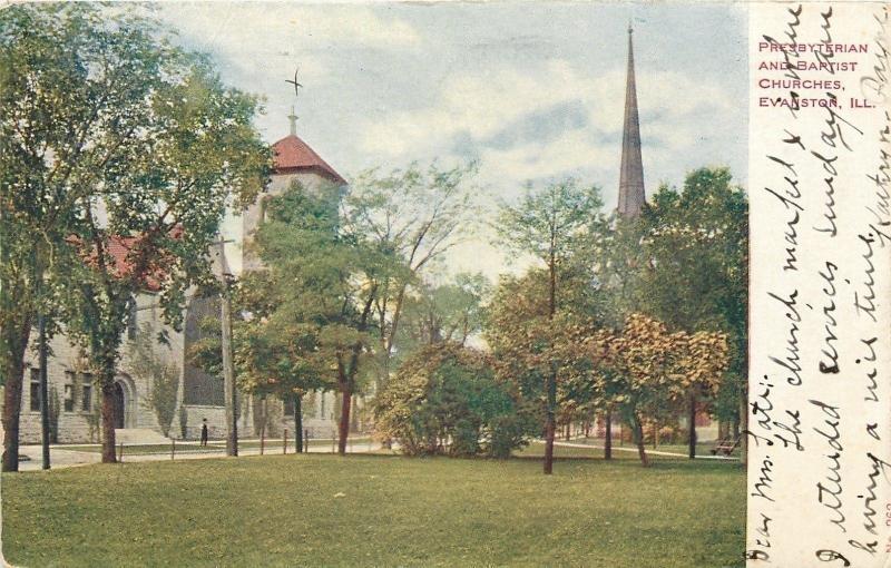 Evanston Illinois~Presbyterian and Baptist Churches~1909 Postcard