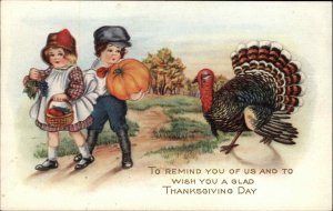 Whitney Thanksgiving Boy and Girl Chased by Turkey Vintage Postcard