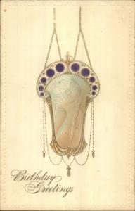 Art Nouveau Embosse Jeweled Chains Beautiful Woman Birthday Gilt Postcard LS19