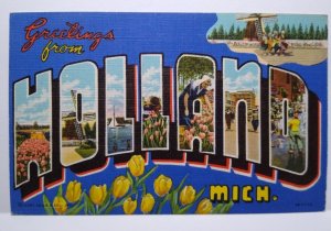 Greetings From Holland Michigan Large Big Letter Postcard Linen Curt Teich Roses