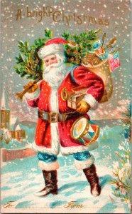 Vintage Patriotic USA Flag Santa Claus, Drum, Bugle,Toys,Tree Christmas Postcard