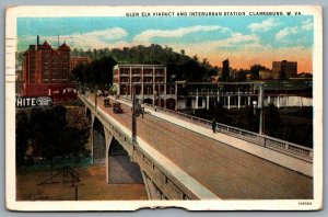 Postcard Clarksburg WV 1930s Glen Elk Viaduct & Interurban Station 4th St Bridge
