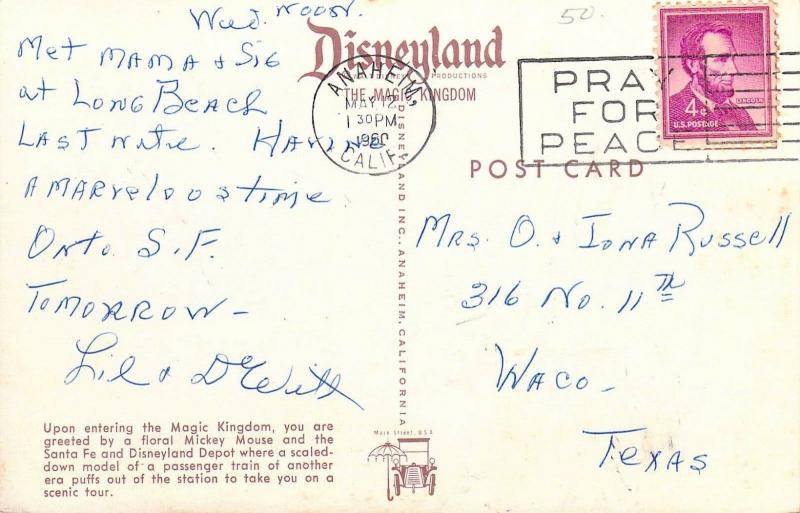 Early Disneyland,1960. Entrance and Depot, Vintage Postcard