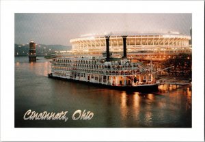 Cincinnati Ohio Riverboat & Riverfront Stadium Night Postcard CE16