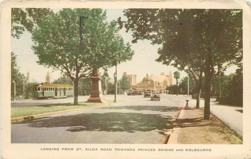 Vintage Postcard St. Kilda Road Princess Bridge Street Melbourne Australia 