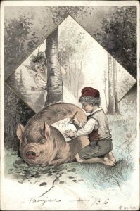 French New Year Boy & Pig Little Girl Fairy Used 1904 Postcard