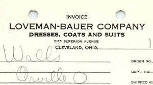 1938 LOVEMAN-BAUER CO. CLEVELAND OH DRESSES COATS SUITS BILLHEAD INVOICE Z1067