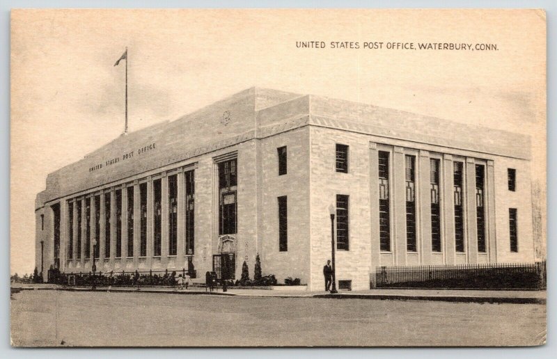 Waterbury Connecticut~US Post Office~Man Leans on Lamp Post~Mailbox~1930s Sepia