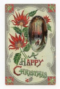 Happy Christmas Poinstettias & Trees Vintage Postcard