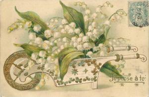 Embossed c1900s greetings muguets porte bonheur lilies of the valley luck barrow