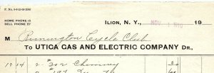 1910 ILION NY UTICA GAS AND ELECTRIC COMPANY REMINGTON CYCLE CLUB BILLHEAD Z4640