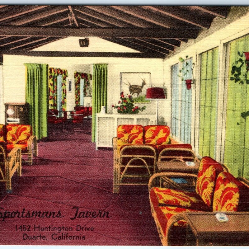 c1940s Duarte, CA Sportsmans Tavern Bar Indoors Linen Photo Postcard Cali A90