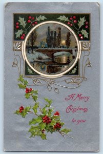 Christmas Postcard Holly Berries Winter Scene Embossed Milwaukee Wisconsin WI
