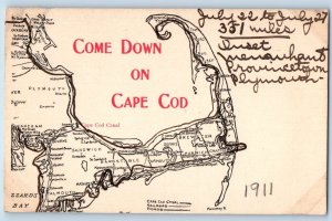 c1910 Cape Cod Massachusetts Vintage Postcard Come Down Cape Cod Map Illustrated