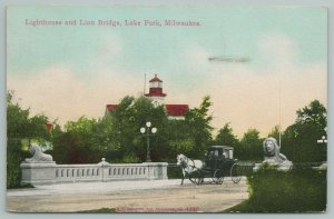 Milwaukee WI~Lighthouse & Lion Bridge~c1910 Postcard