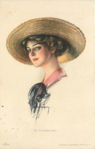 Postcard 1914 hand colored pretty woman straw hat Harberg TP24-1758