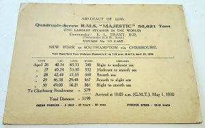 ABSTRACT OF LOG, RMS MAJESTIC, VOYAGE No. 115. VERY LOW USE.