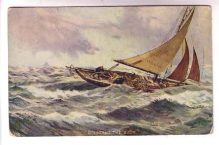 Men in Sailing Fishing Boat, Rounding the Buoy, Used 1908 Nova Scotia