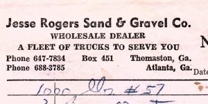 1967 JESSE ROGERS SAND & GRAVEL CO THOMASTON GA CEMENT INVOICE Z839