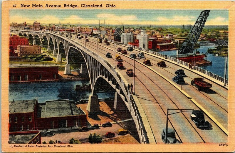 New Main Avenue Bridge Cleveland Ohio Old Car Linen Postcard Cleveland Cuyahoga 