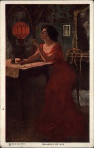 Alfred James Dewey Beautiful Woman Dreaming of Him Romance c1910 Postcard