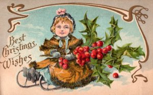 1906 Antique Girl Fur Coat  Sled Holly Christmas Postcard