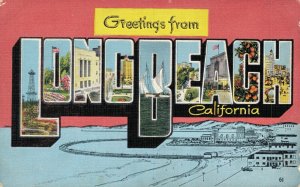 USA Greetings From Long Beach California Linen Postcard 08.33