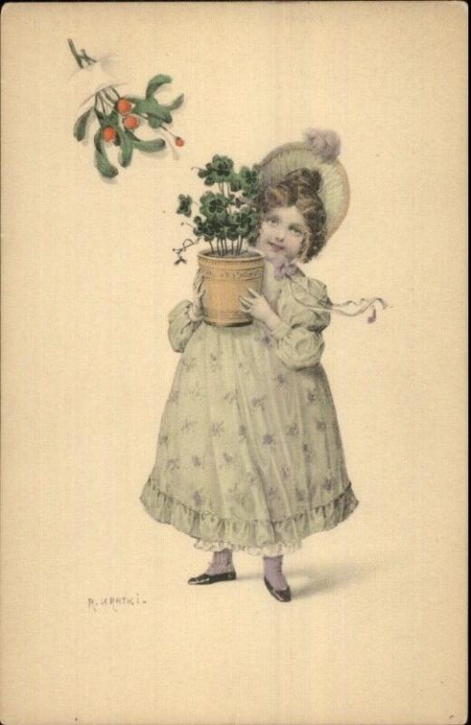 KRATKI - Little Girl w/ Potted Clovers c1910 Postcard