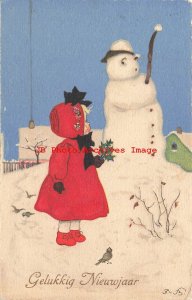 Signed F.B, Meissner & Buch No 2767, New Year, Girl with Holly Watching Snowman