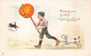 CHILD JOL DOG CAT HALLOWEEN HOLIDAY EMBOSSED POSTCARD (c. 1910)