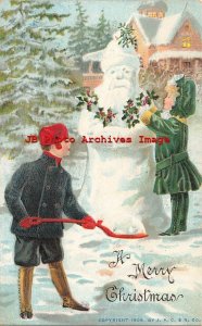 Christmas, IPC 1906, Girl Decorating Snowman with Holly