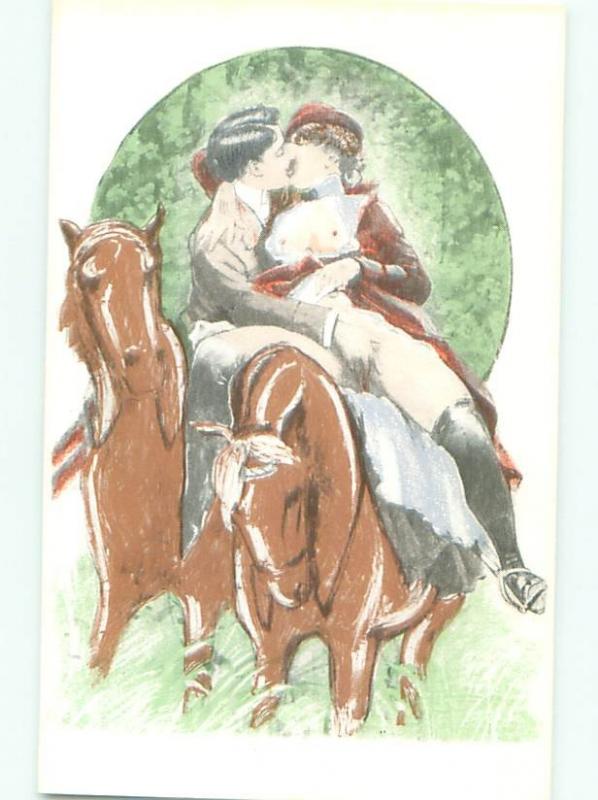 foreign c1910 Risque NUDE FRENCH WOMAN ON HORSE KISSING MAN AB7325