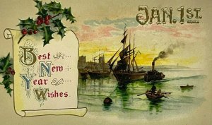 Vtg Postcard Early 1900s January 1st New Year 1912 Ship Boat Harbor John Winsom