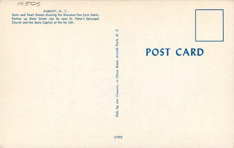 Albany New York 1950s Postcard State Pearl Streets Sheraton Bus Autos 11315
