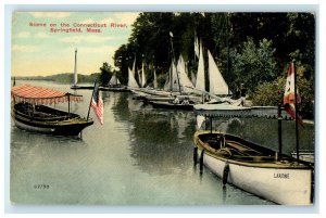 c1905s Boats with Flag, Connecticut River Springfield Massachusetts MA Postcard