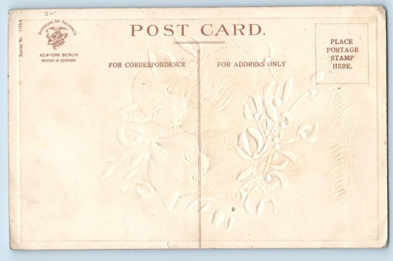 Christmas Postcard Cute Cat Kittens Mistletoe Clapsaddle Embossed c1910's
