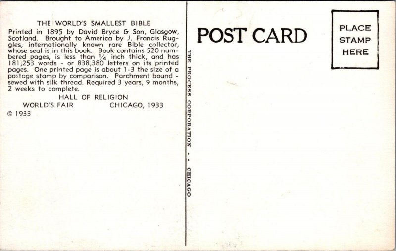 RPPC Postcard World's Smallest Bible Hall of Religion Chicago World's Fair 1933