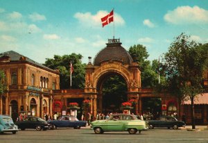 Vintage Postcard The Entrance to Tivoli Copenhagen Denmark 70's Cars