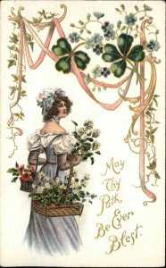 Valentine Beautiful Woman with Flowers Embossed c1910 Vintage Postcard