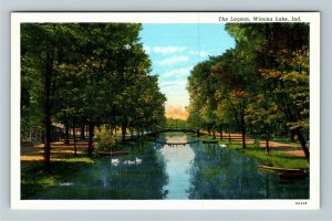Winona Lake IN Indiana, The Lagoon, Linen Postcard