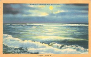 Ocean Grove NJ Moonlight Tints the Surf With Silver 1950 Linen Postcard Used