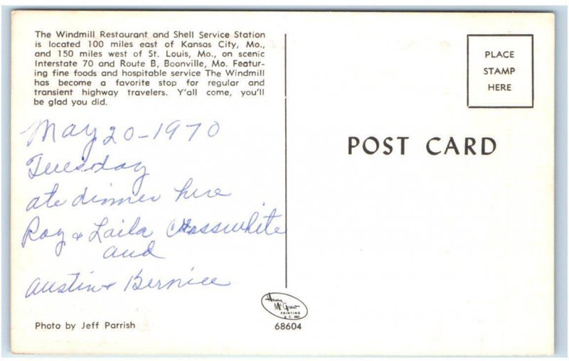 BOONVILLE, MO Missouri Roadside WINDMILL RESTAURANT, GAS Station 1970