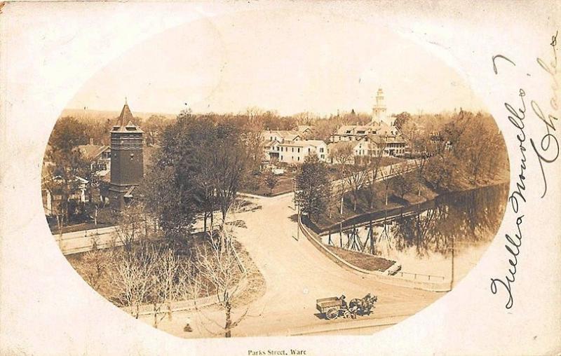 Ware MA Parks Street Birds Eye View Horse & Wagon in 1906 RPPC Postcard