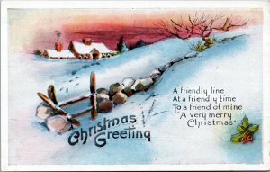 Postcard Christmas Greetings - fence and house