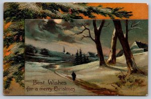 Best Wishes For A Merry Christmas, Rural Winter Scene, Antique 1908 EAS Postcard