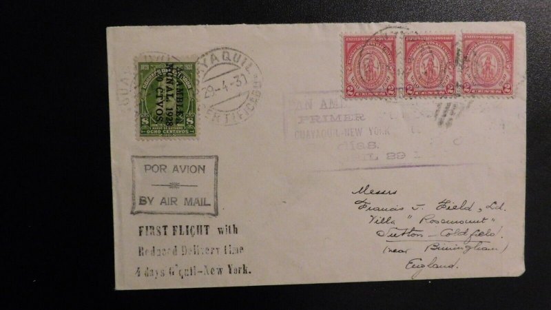 1931 Ecuador First Flight Cover FFC Guayaquil New York Panagra England Address