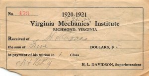 RICHMOND~VIRGINIA MECHANIC'S INSTITUTE-PAYMENT RECEIPT FOR CLASS- 1920 BILLHEAD