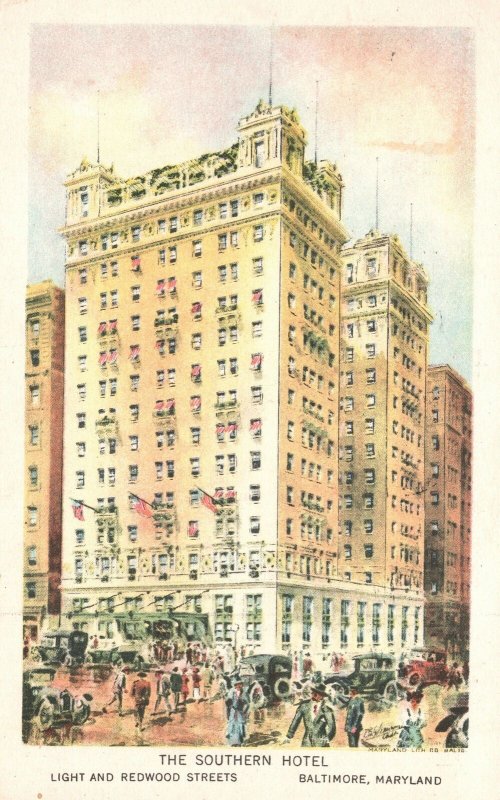 Vintage Postcard 1929 View Southern Hotel Light & Redwood Streets Baltimore MD