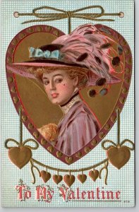 Valentine Greeting Edwardian Woman Large Hat Golden Hearts Postcard X24